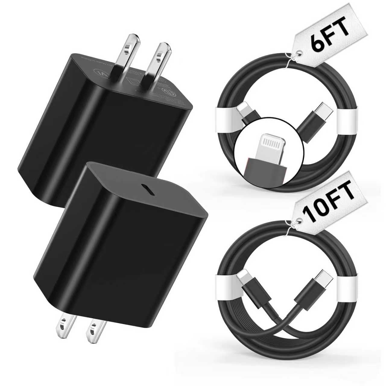 Riofxqin Phone Charger Fast Charging,?MFi Certified? 2-Pack 20W USB-C Wall Charger with 1-Pack 6FT/10FT Fast Charging Type-C to 