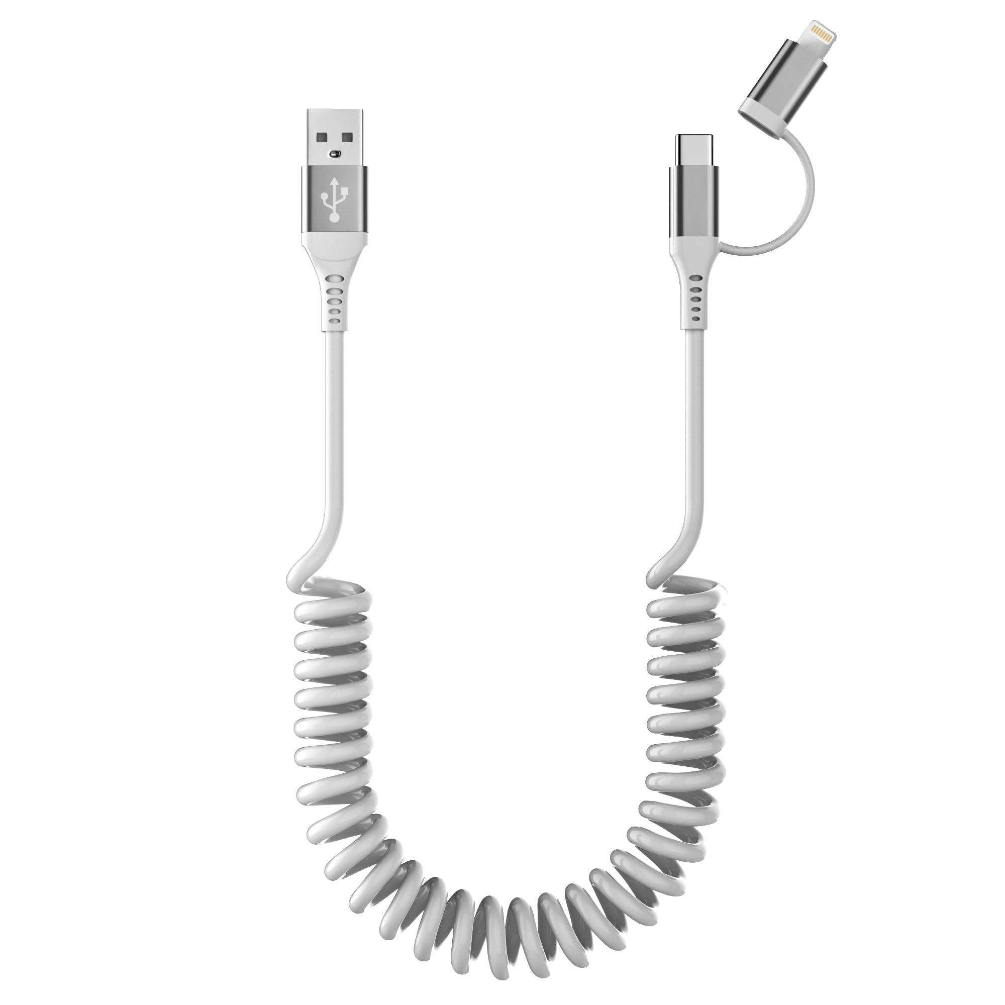 Usb To Usb C And Lightning Cable Combo 2 In 1 Coiled Cable Apple Carplay & Android Auto Compatible[Mfi, 3A Fast Charge, Data Sync] Coiled Lightning And Usb C Cable For Iphone 15/14/13/12/Android,White