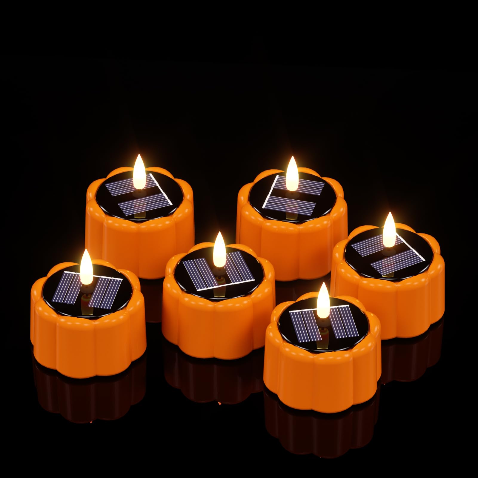 Wondise Halloween Solar Tea Lights Outdoor Candles, 6Pcs Dusk To Dawn Waterproof Pumpkins Led Candles With 3D Wick Flickering Re