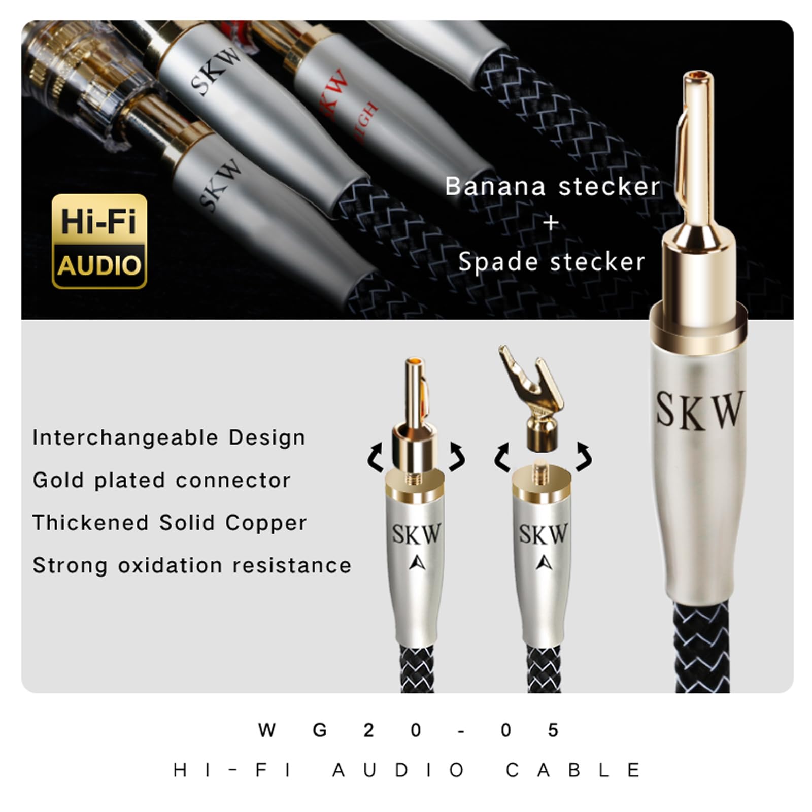 Skw High End Wg Series A Pair Speaker Cable With Convertible Banana And Spade Plugs 5Ft/1.5M (2 Cables)