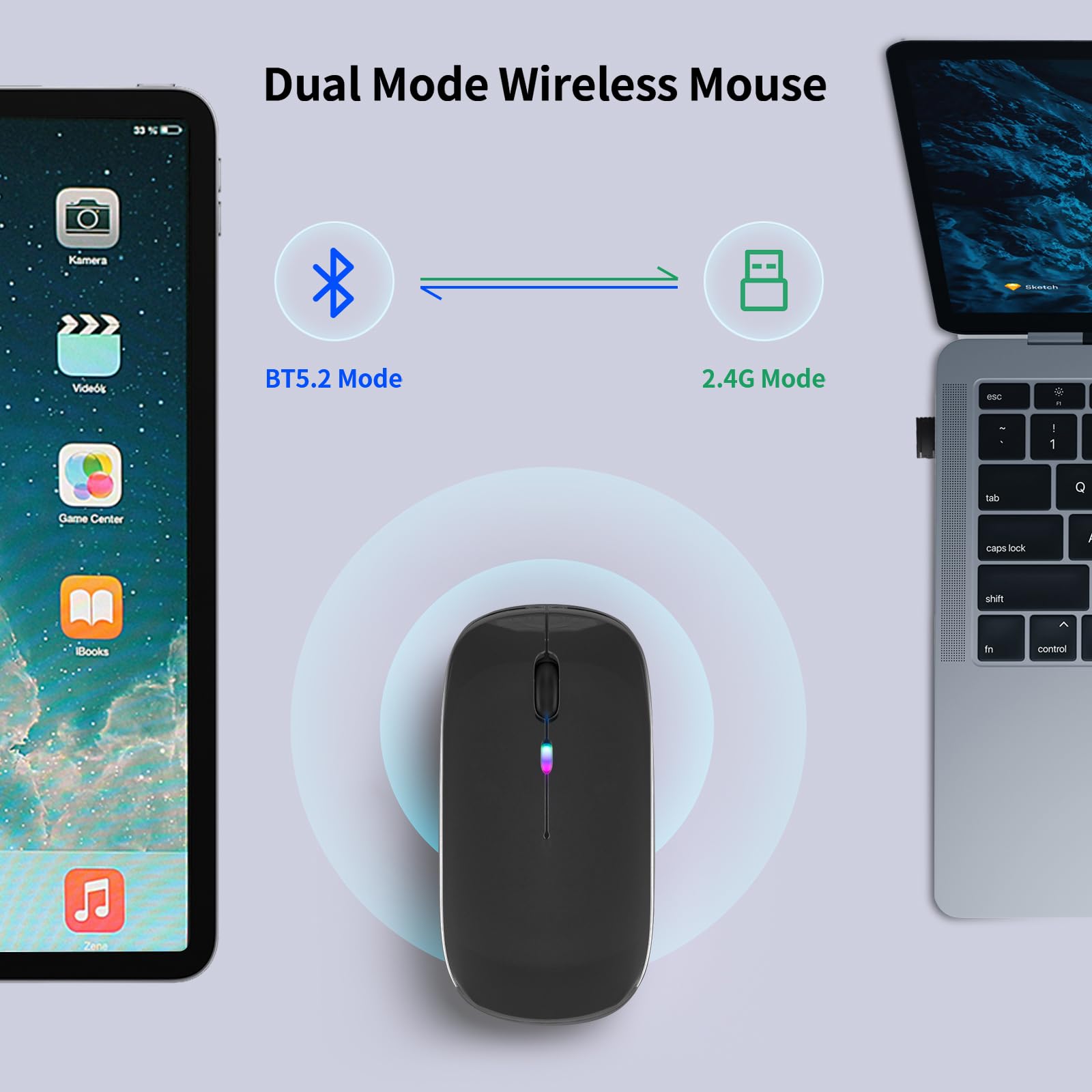 Kanmabpc Wireless Bluetooth Mouse, Rechargeable Led Dual Mode Mouse (Bluetooth 5.2 And Usb Receiver) Portable Silent Mouse,For L