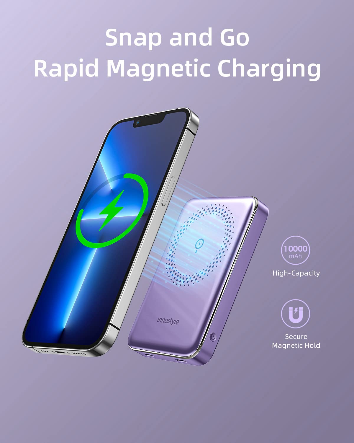 Innostyle Magnetic Wireless Power Bank, 10000Mah Magnetic Iphone Charger With Usb C Cable Pd 20W Fast Charging, Wireless Portabl