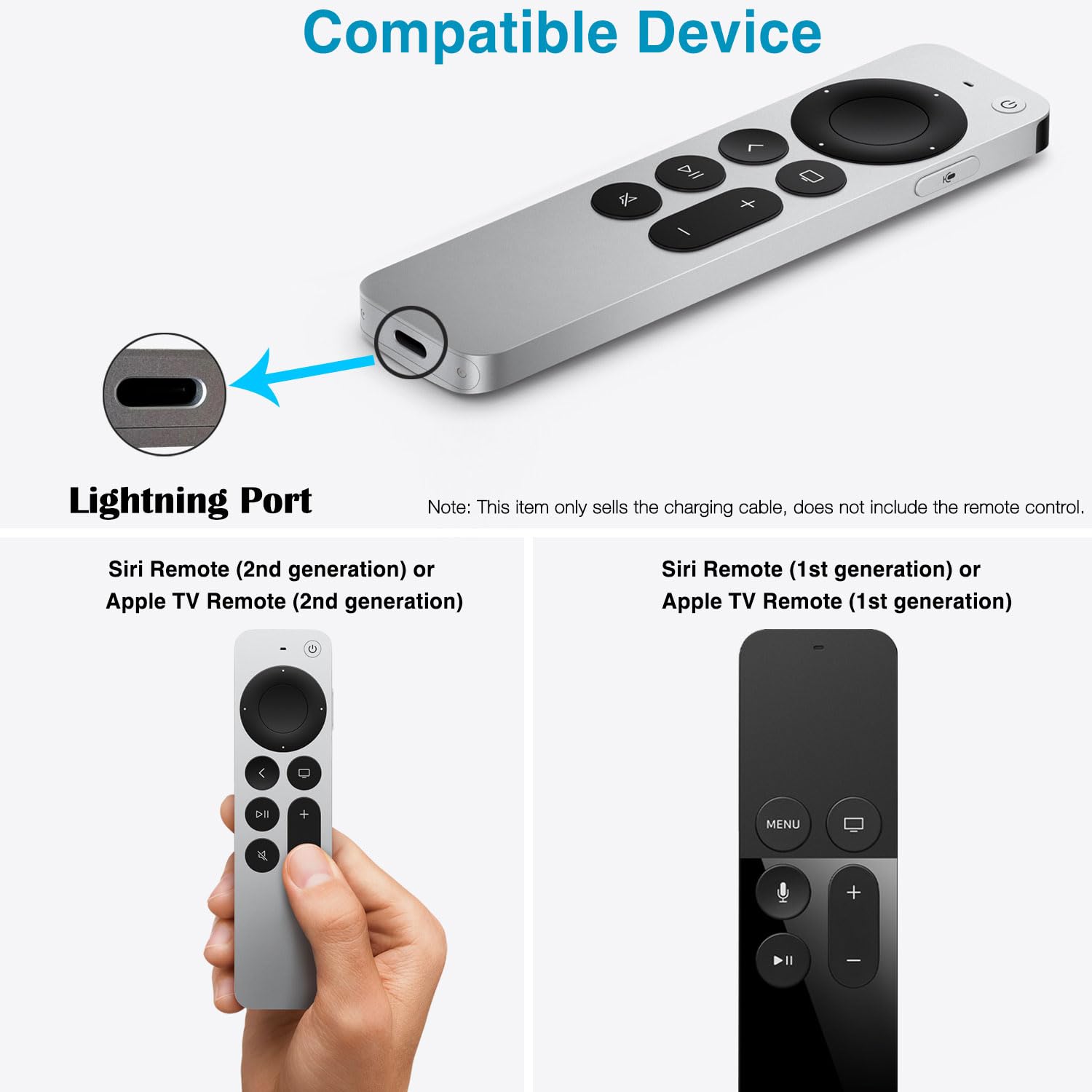 Usb A To Lightning Cable For Apple Tv Remote Charging (Compatible With Older Models Only, Not Compatible With Newer Ones), Siri
