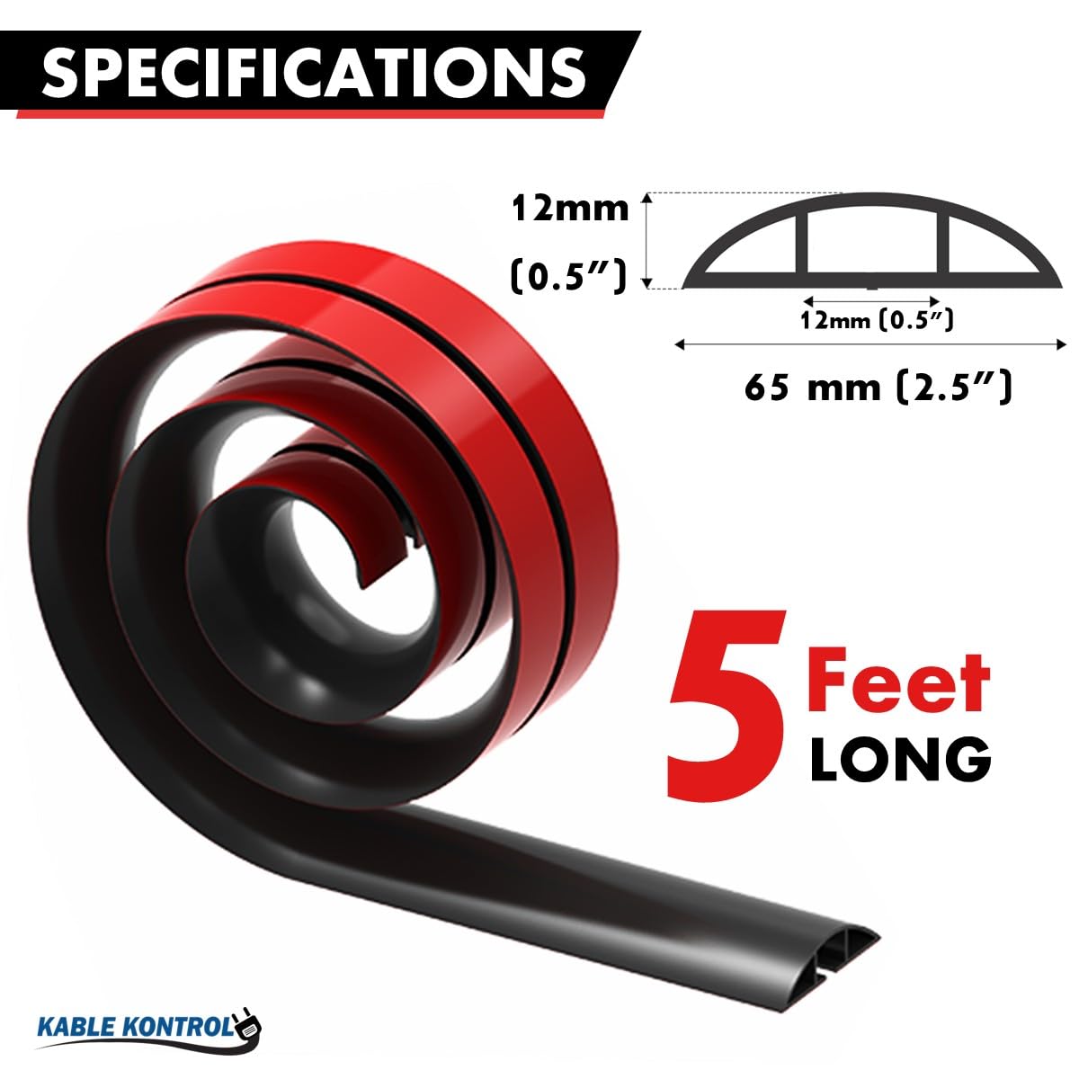 Kable Kontrol Silicone Floor Cord Cover   5 Ft Flexible Cord Protector, Self Adhesive, For Concealing Extension Cable, Protectin