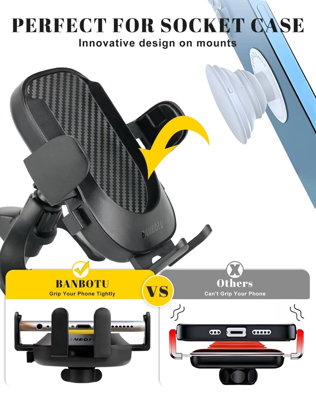 Banbotu Car Phone Holder Mount   Socket Grips Pop Cradles Friendly, Hands Free 360       Rotatable & Anti Shake Air Vent Mount,