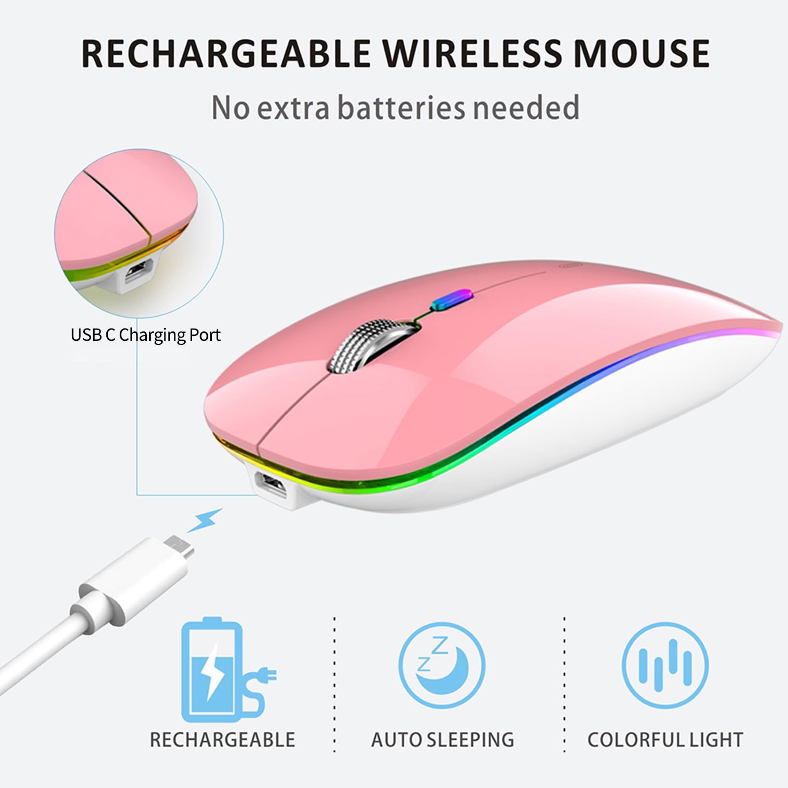Uiosmuph Led Wireless Mouse, G12 Slim Rechargeable Silent 2.4G Portable Usb Optical Computer Mice With Receiver And Type C Adapt