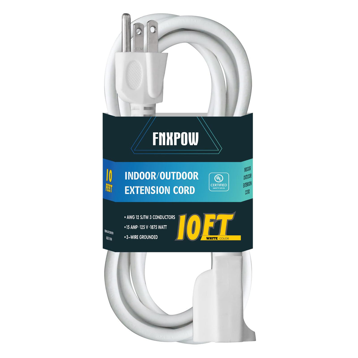Fnxpow Indoor Outdoor Extension Cord, 12 Gauge 3 Prong Weatherproof Heavy Duty White Extension Cords, 12/3 Sjtw 15A 10 Ft Extens