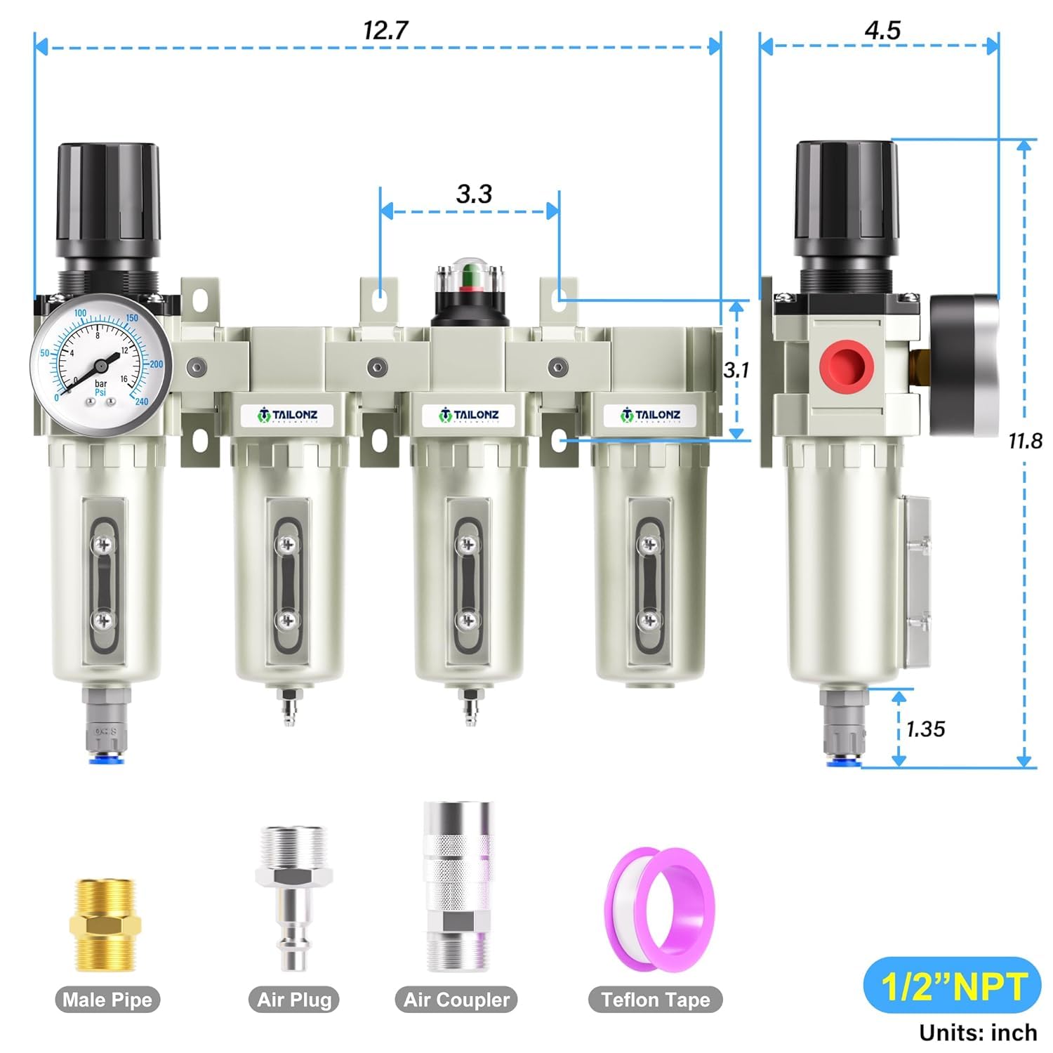 Tailonz Pneumatic 1/2 Inch Npt Industrial Grade 4 Stage Air Drying System, Double Particulate Filter, Coalescing Filte,Desiccant