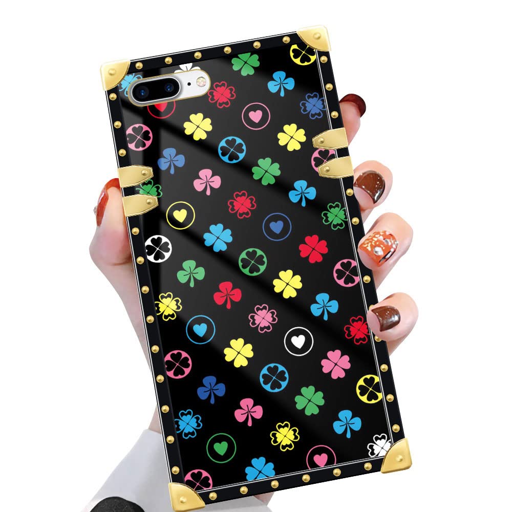 Yuning419 Case Compatible With Iphone 8 Plus,Colorful Love Four-Leaf Clover 7 Plus Case For Girls,Luxury Square Soft Tpu Shockpr