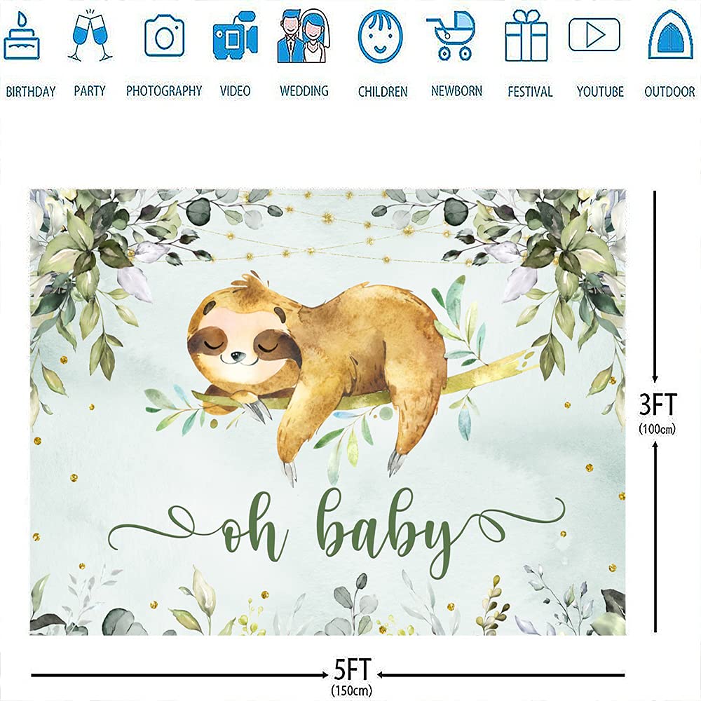 Ticuenicoa 5X3Ft Sloth Baby Shower Backdrop Oh Baby Backdrops For Babyshower Party Green Leaves Jungle Animals Photo Background