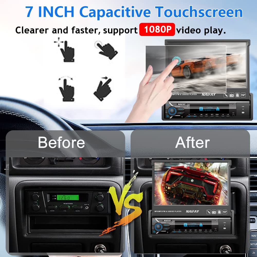 Naifay Single Din Touchscreen Car Stereo With Carplay & Android Auto, 7Inch Flip Out Screen Car Stereo With Bluetooth Car Audio