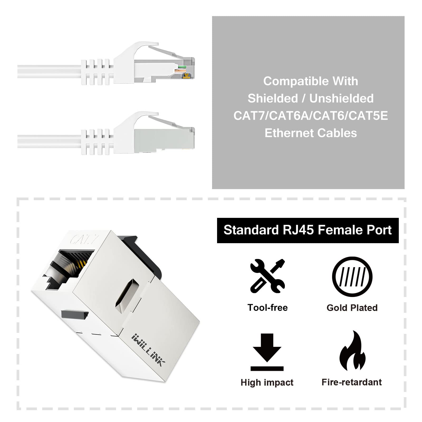 Iwillink Ul Listed Cat7 Coupler Rj45 Keystone Shielded Coupler 10 Pack, Ethernet Coupler, Female To Female Keystone Jack,Stp Key