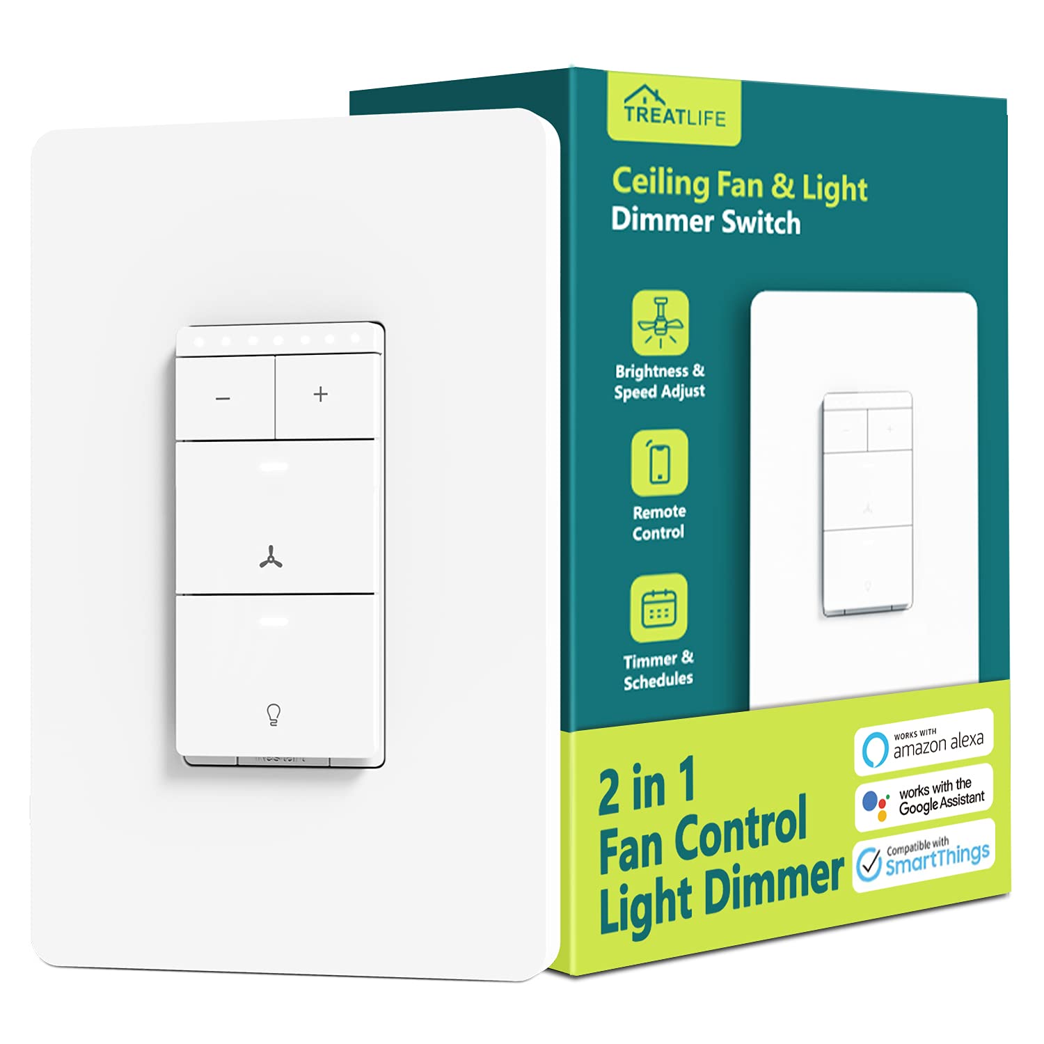 Treatlife Smart Ceiling Fan Control And Dimmer Light Switch, Neutral Wire Needed, 2.4Ghz Single Pole Wi Fi Fan And Light Switch