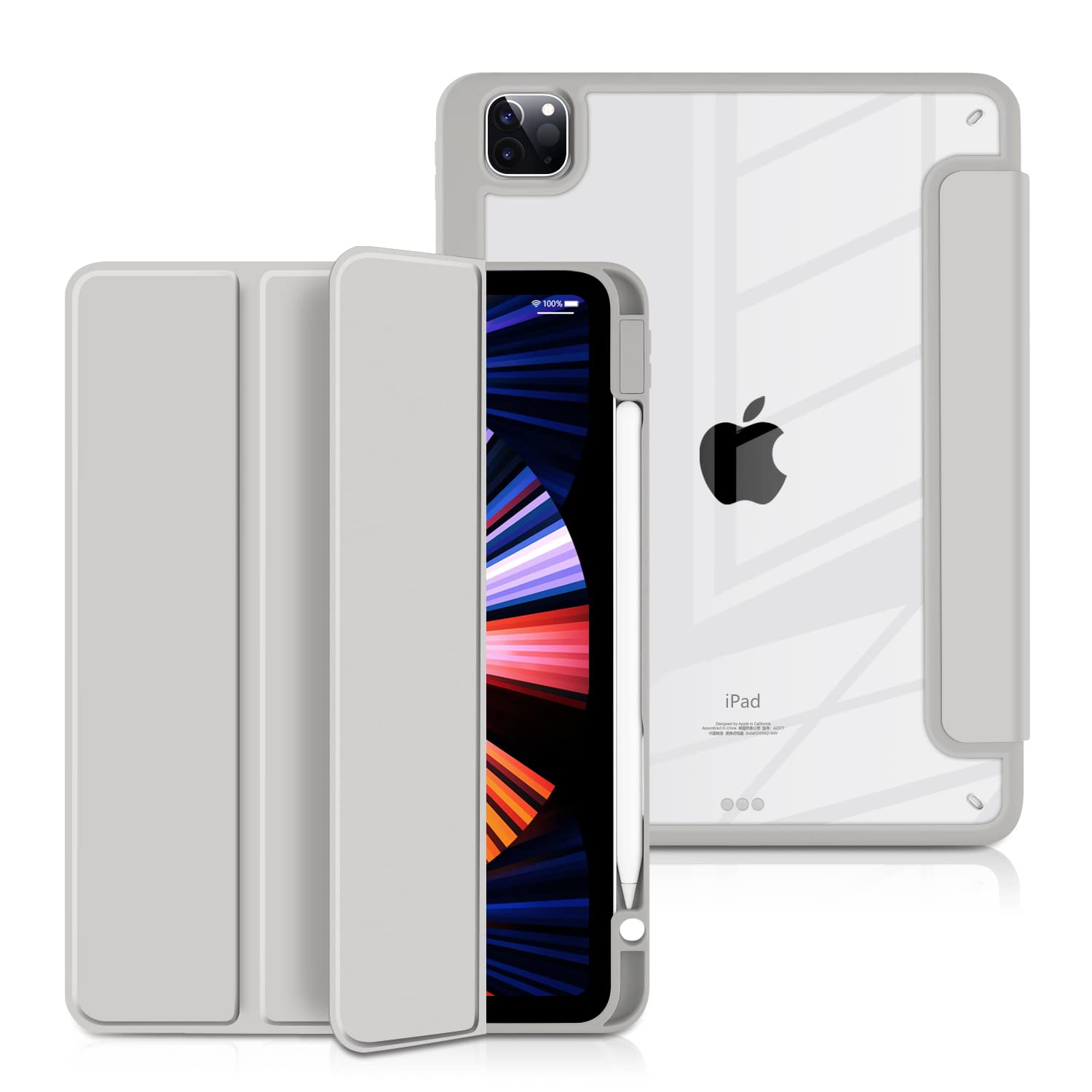 Batianda Hybrid Case For Ipad Pro 12.9 Inch 2022 M2 2021 5Th / Ipad Pro 12.9' 4Th/3Rd Gen [Built In Pencil Holder] Shockproof Cover With Clear Back Shell Tpu Bumper, Grey