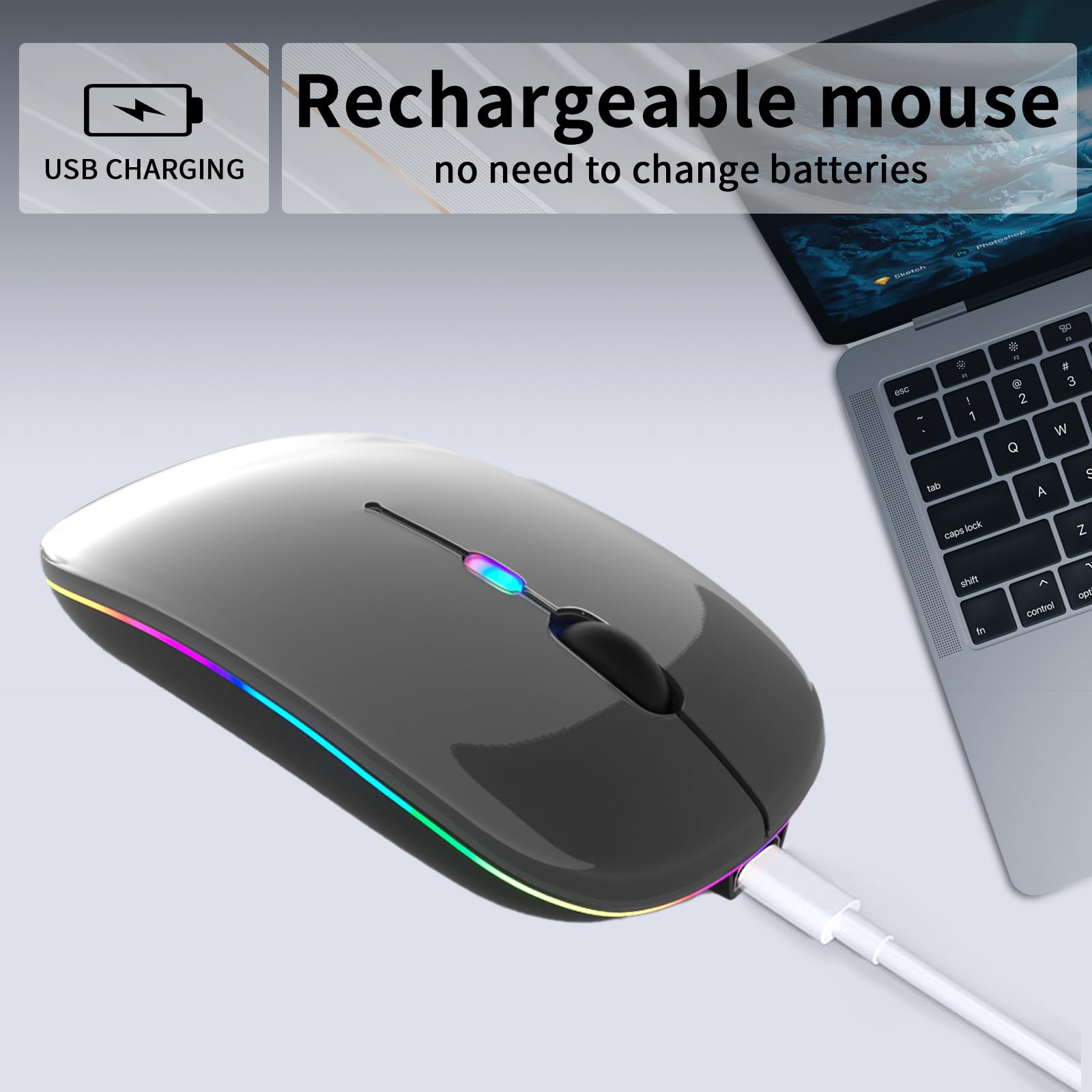 Kanmabpc Wireless Bluetooth Mouse, Rechargeable Led Dual Mode Mouse (Bluetooth 5.2 And Usb Receiver) Portable Silent Mouse,For L