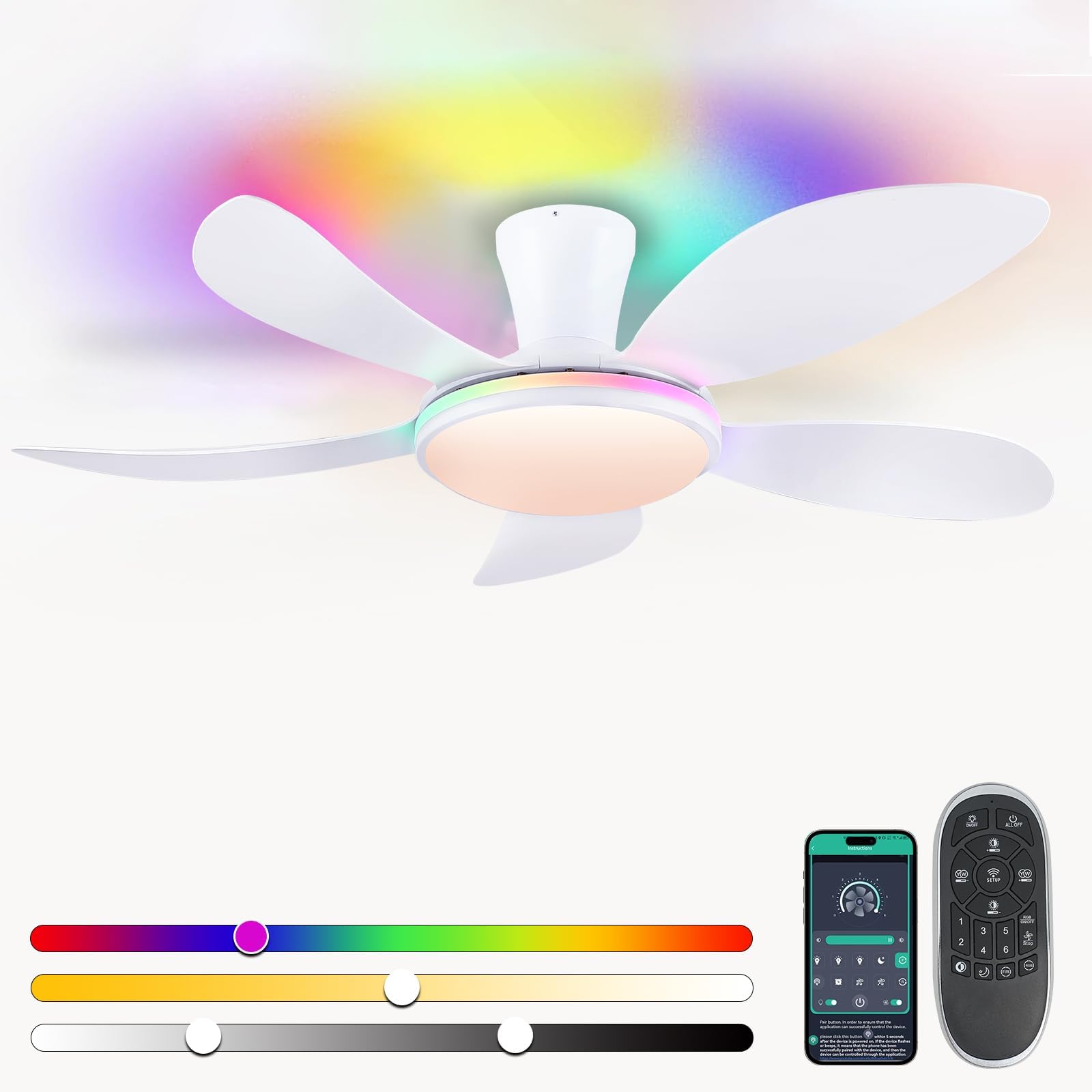 PHORUS RGB Ceiling Fans with Lights and Remote/APP,48 White Low Profile Ceiling Fans with Quiet Reversible DC Motor, Modern Flus