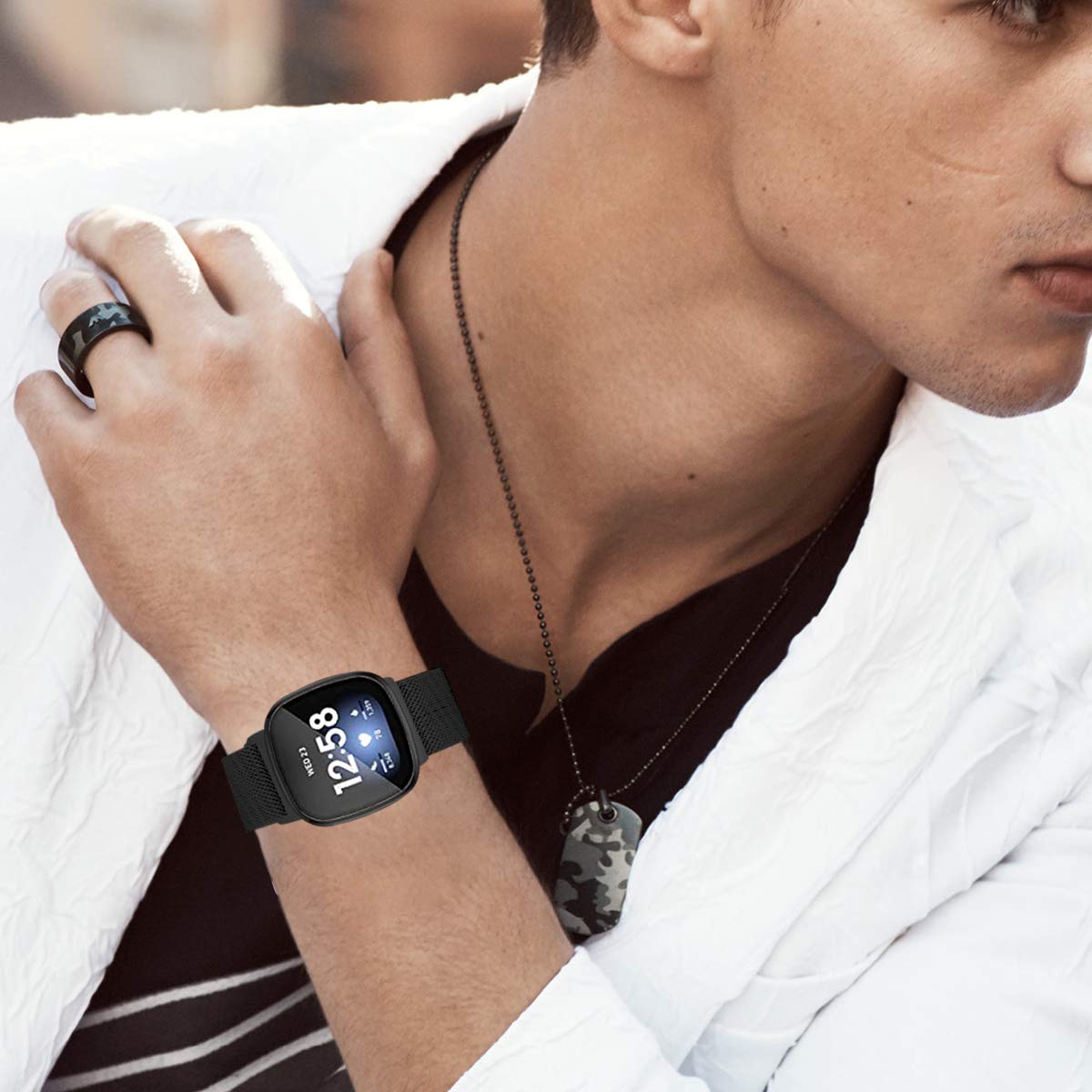 Maxjoy Compatible With Fitbit Sense/Versa 3 Bands, Versa3 Stainless Steel Metal Band Mesh Replacement Bracelet Wristband With Pr