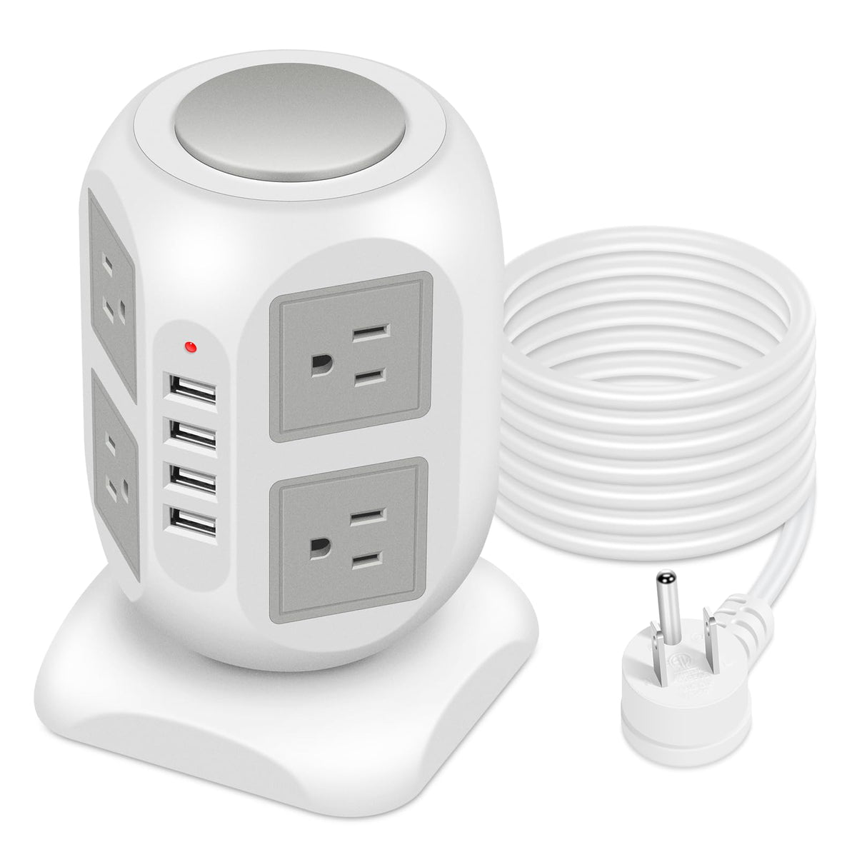 8-Outlet Power Strip Tower | 15 Ft Long Extension Cord With Multiple Outlets, 4 Usb Ports, Flat Plug | Multi Plug Charging Stati