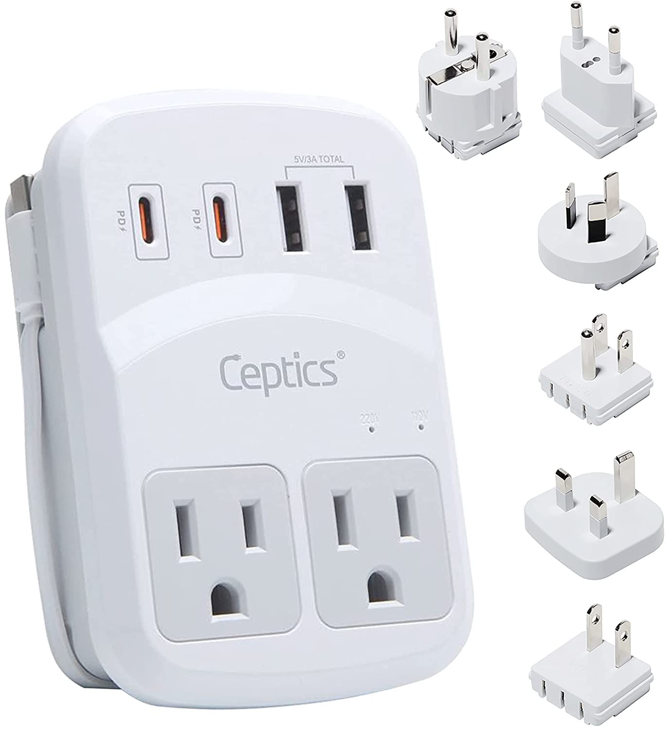 Ceptics World Travel Adapter Kit 2 USB-A, USB-C US Outlets, 20W/QC 18W Power Delivery, Surge Protection, SWADAPT Compatible for 