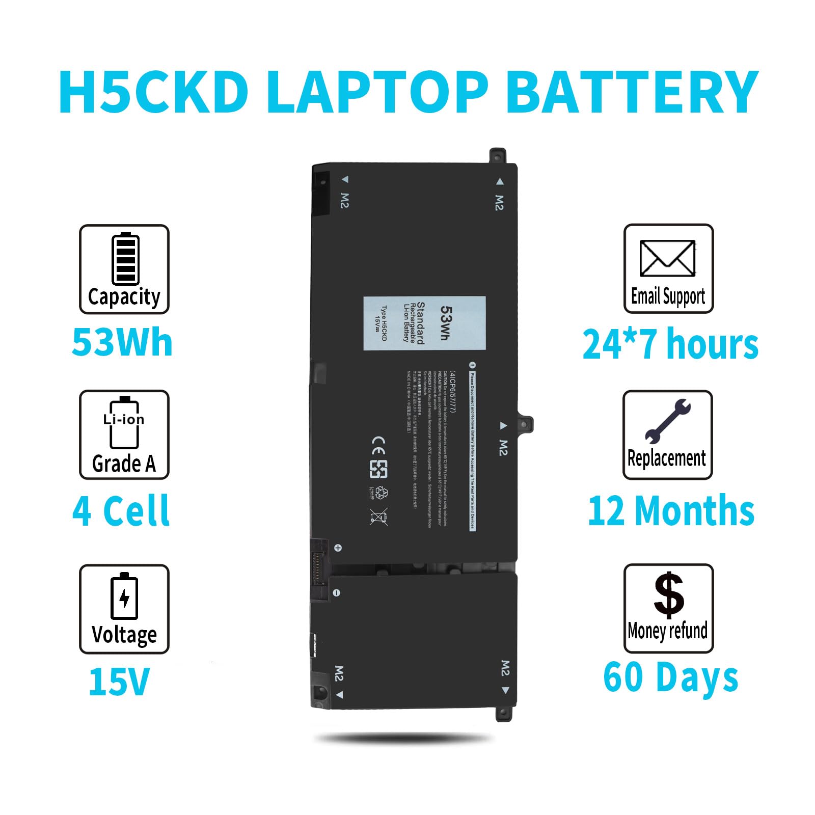 53Wh H5Ckd 15V Battery For Dell Inspiron 5300 5301 5401 5402 5408 5409 5501 5502 5505 5508 5509 5400 5406 7405 7300 7306 7500 75