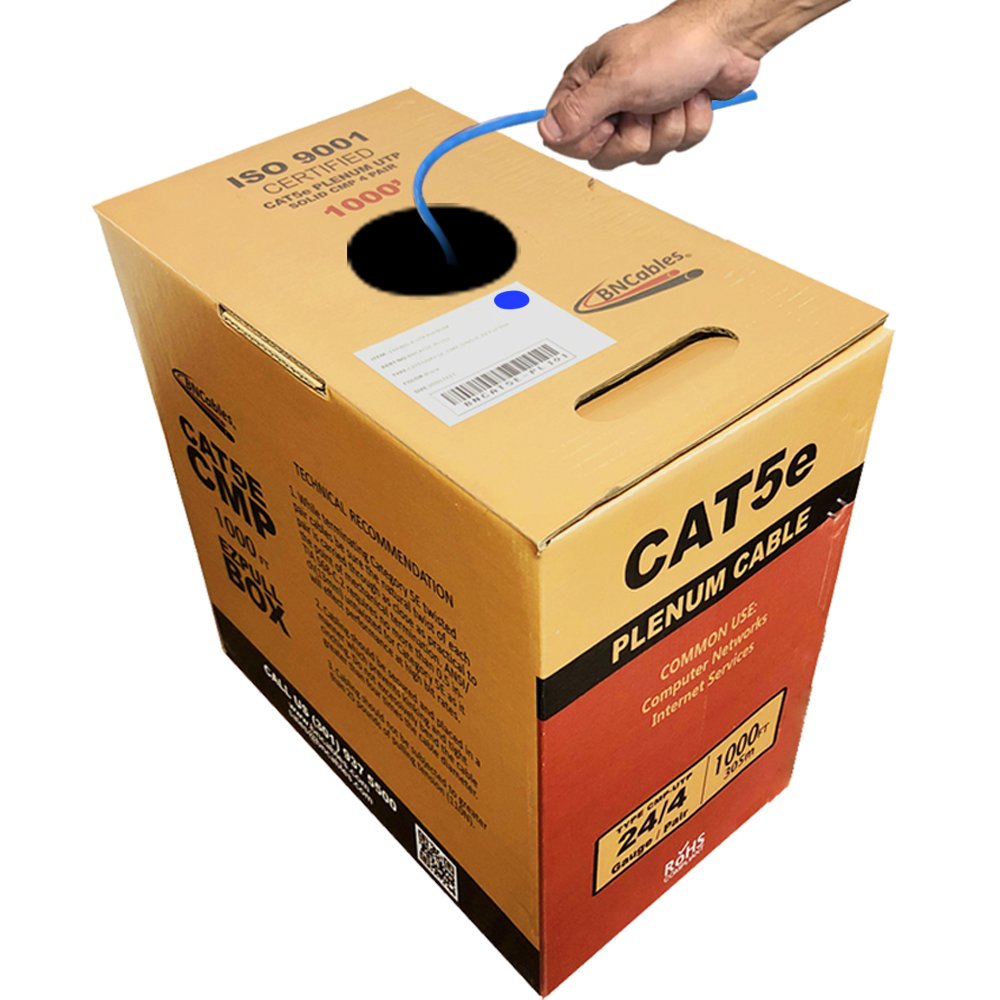 CAT5e (CMP) Plenum Cable, 1000FT | 24AWG 4Pair, 350MHz Solid Network Cable Unshielded Twisted Pair (UTP), Available in Blue, Whi
