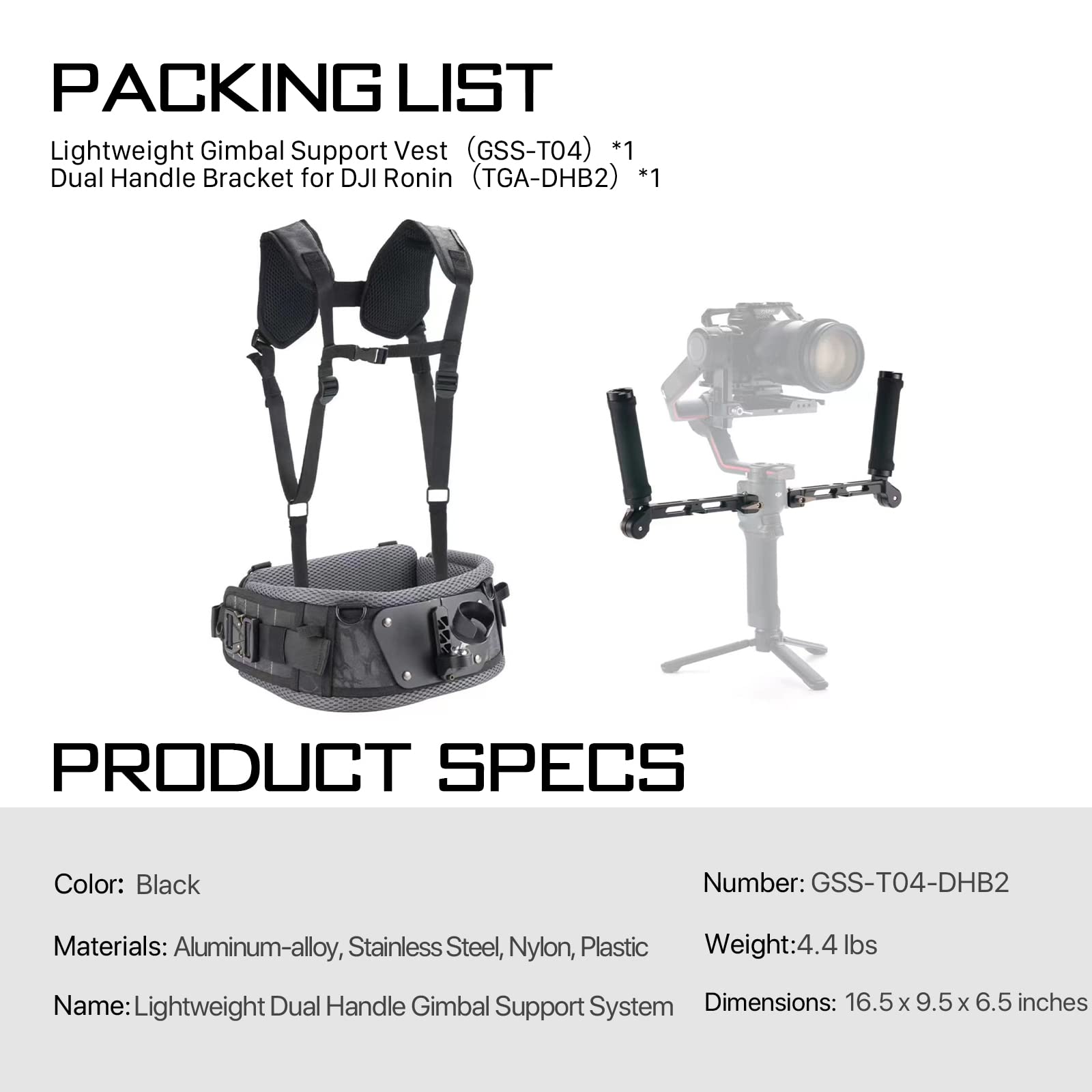 Tilta Lightweight Dual Handle Gimbal Support System | Compatible With Dji Ronin Rs3 Pro/ Rs4/ Rs4 Pro | Ergonomic Support For Long Shoots | Gss T04 Dhb2 (Support Vest With Handles)