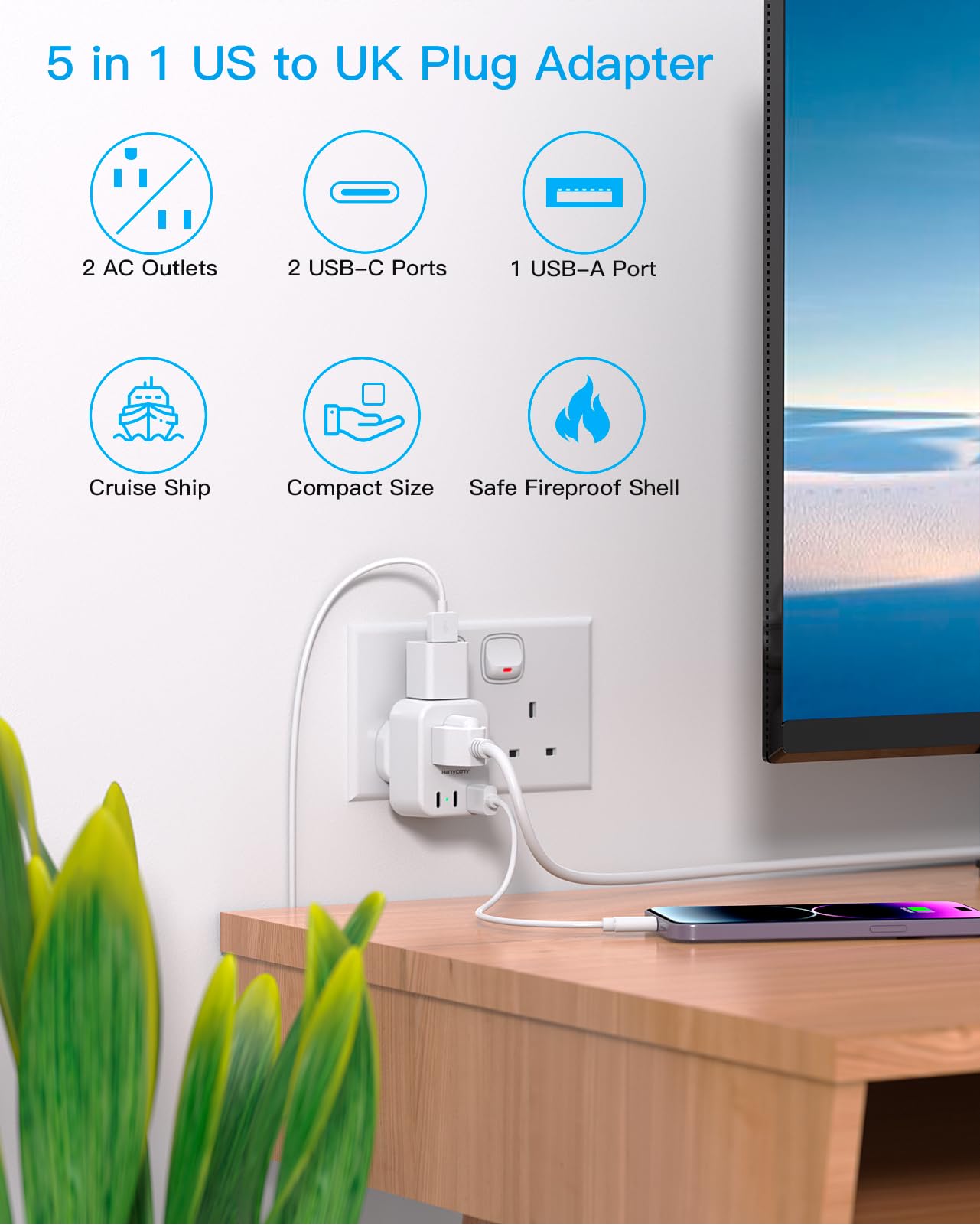 HANYCONY UK Travel Plug Adapter, Type G 2 Outlets & 3 USB Ports (2 USB C), White, for USA to UK, Dubai, Ireland - 2 Pack