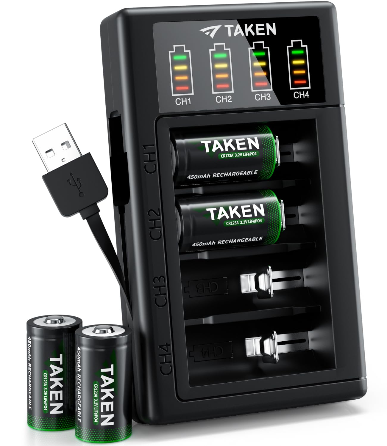 Taken 123 Batteries Lithium 4Pack Includes Charger, 3.2V 123A Rechargeable Batteries Cycle 2000+ Times For Flashlight, Smoke Det