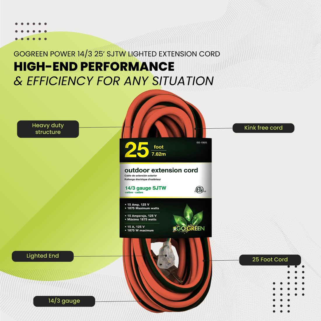 Go Green Power Inc. (Gg 13825) 14/3 Sjtw Outdoor Extension Cord, Lighted Extension Cord, 25 Ft