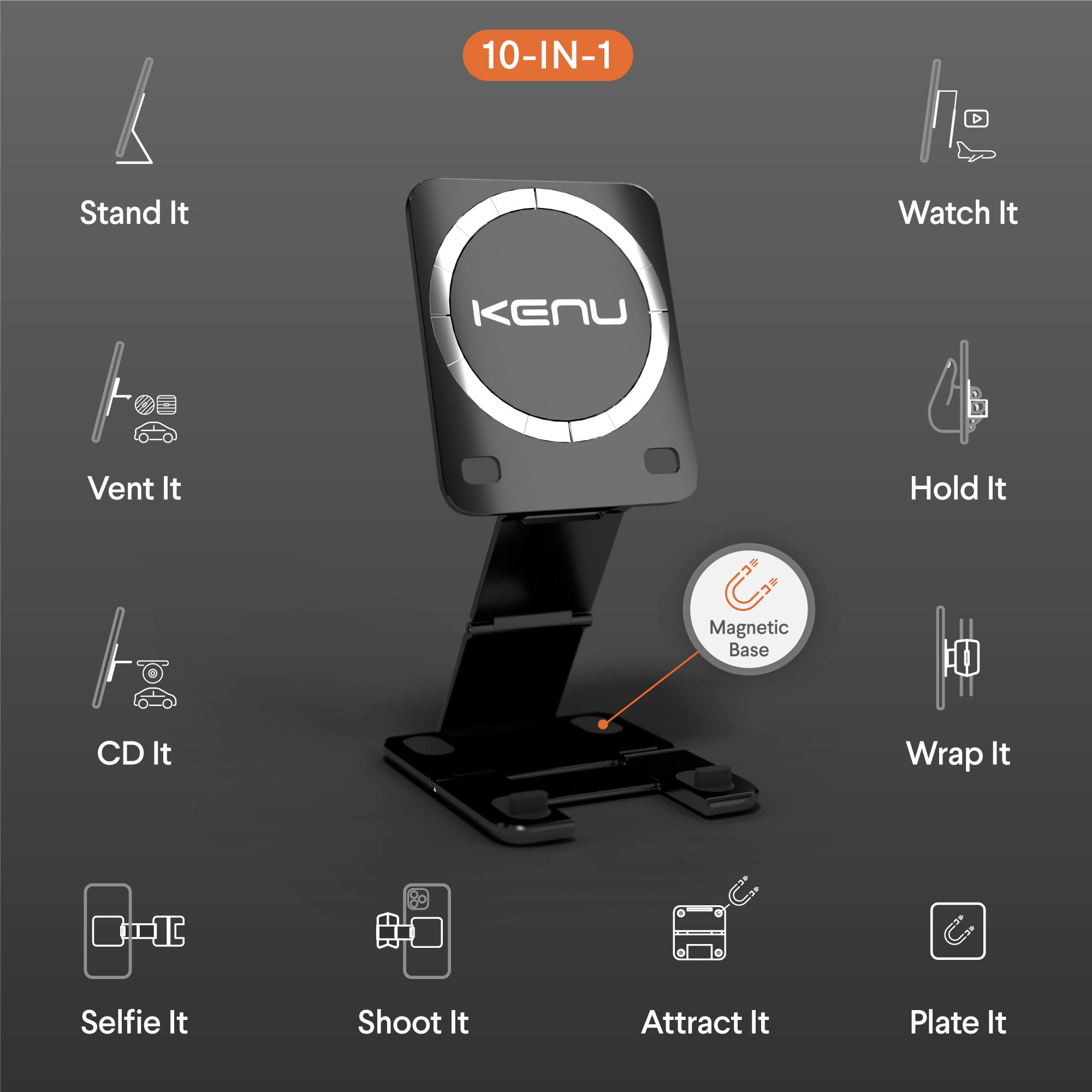 Kenu Stance+ 10-In-1 Magsafe Phone Mount, Magnetic Tripod Stand, Car Vent+Cd Mount, Finger Holder, Airplane Mount, Selfie Stick,