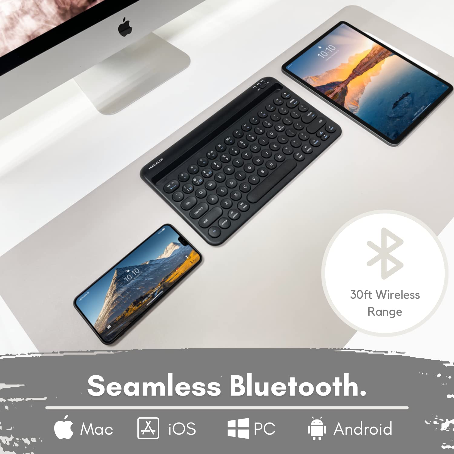 Macally Small Bluetooth Keyboard For Iphone Ipad And Tablet   Multi Device Compatibility   Bluetooth Tablet Keyboard (Built In S