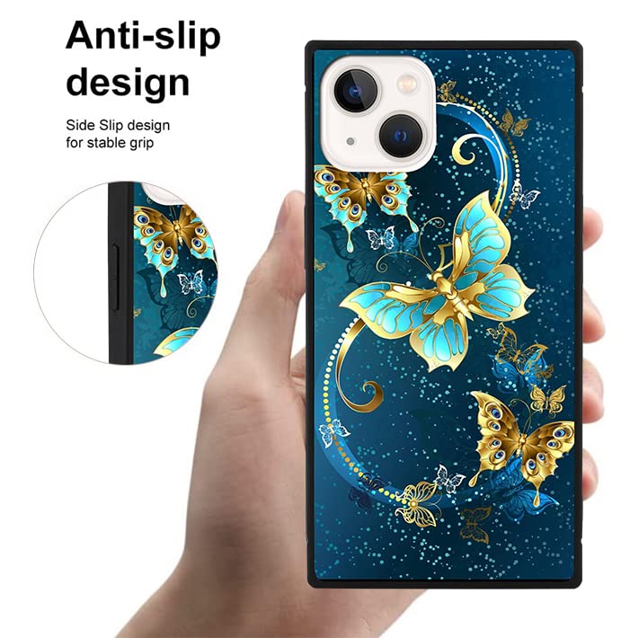 SAKUULO iPhone 13 Case with Screen Protector & Kickstand Blue Butterfly Print Slim Polycarbonate