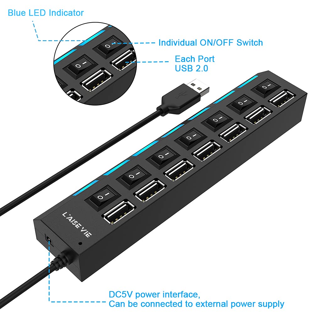 Multi Port Splitter, 7 Port Usb 2.0 Hub, Usb A Port Data Hub With Independent On/Off Switch And Led Indicators, Lights For Lapto