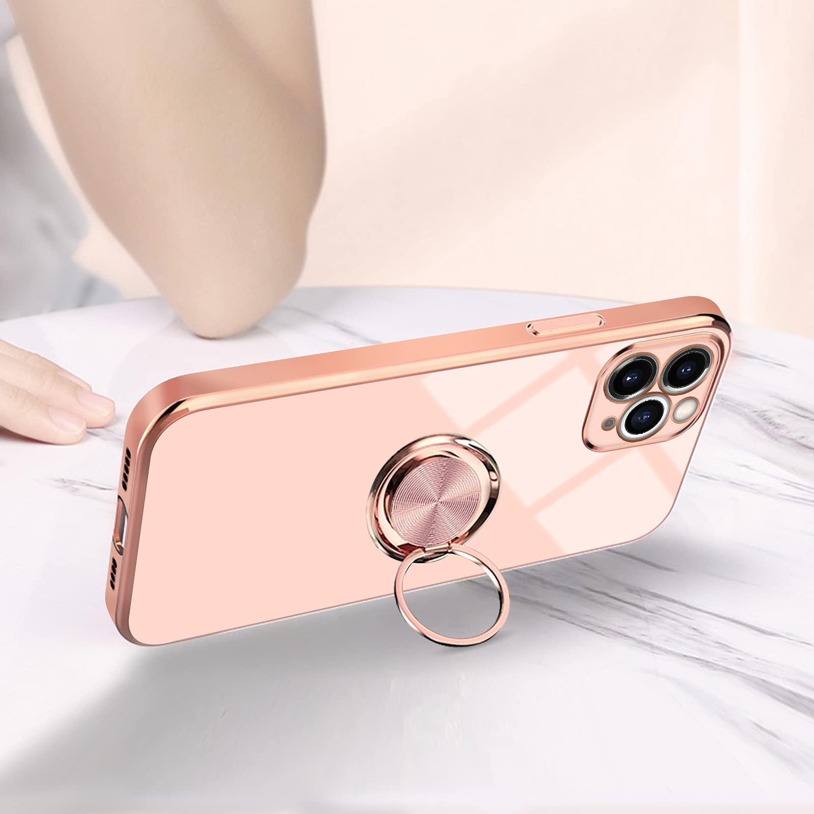 Omorro iPhone 11 Pro Phone Case Pink with Ring Holder Kickstand Shiny Rose Gold Edge TPU