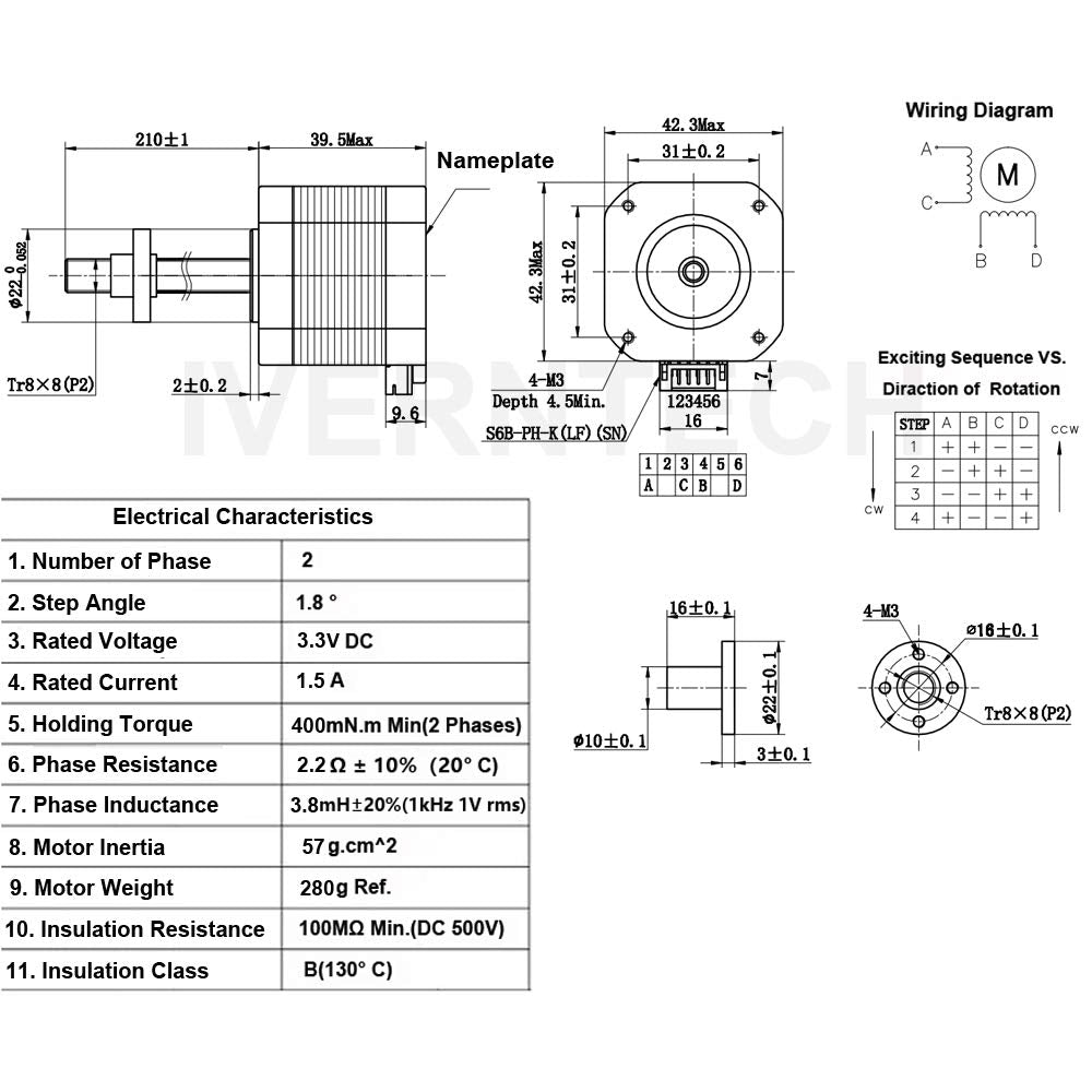 Iverntech Nema 17 Stepper Motor With Integrated 210Mm T8 Lead Screw For Reprap Prusa I3 3D Printers Z Axis Or Cnc Machine