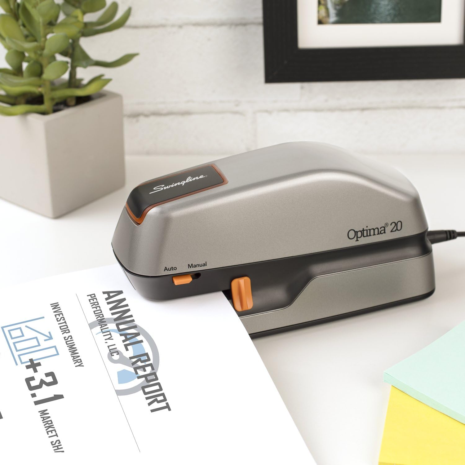 Swingline Electric Stapler, 20 Sheet Capacity, Optima 20, Jam Free, Auto Or Manual, Plug In Or Battery, Silver (48208)