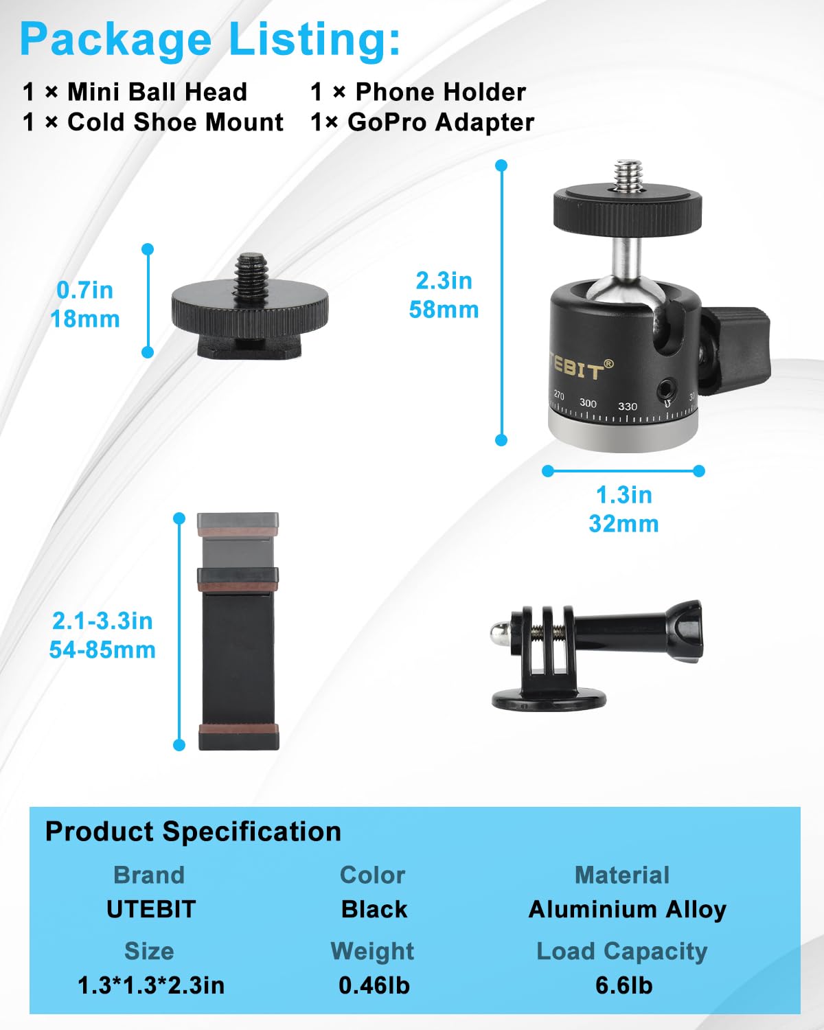 Utebit Mini Ball Head, 360� Panoramic Tripod Head With 1/4' Screw 3/8' Thread Mount, Metal Quick Release Plate Compatible With Arca Swiss For Video Cameras Dslr Cameras Loading 11.02Lb