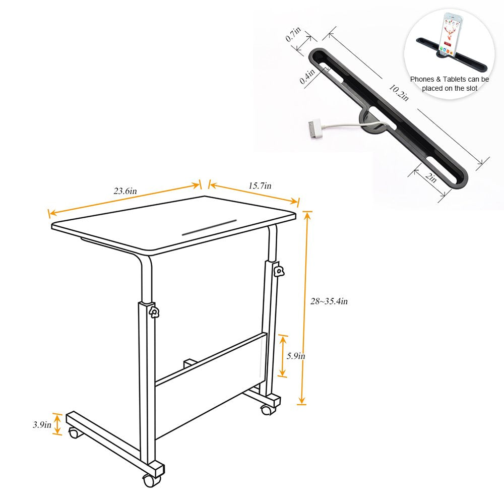 Soges Rolling Laptop Desk Cart Height Adjustable, 23.6 Inches Mobile Sofa Side Table With Tablet Slot, Portable Standing Laptop