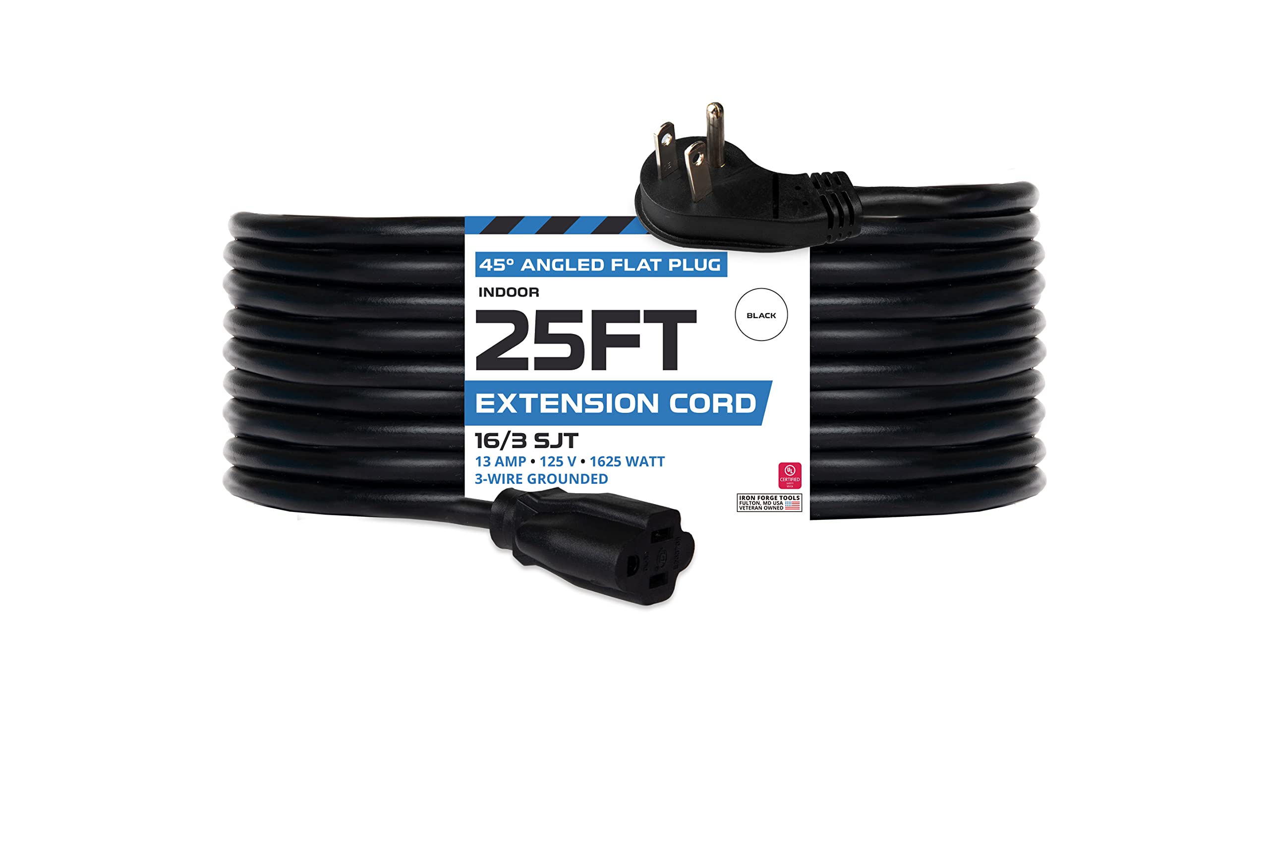 Iron Forge Cable Flat Plug Extension Cord 25 Ft, Low Profile Extension Cord 25 Foot With 45 Angled Flat Plug, 16 Awg Black Indoo