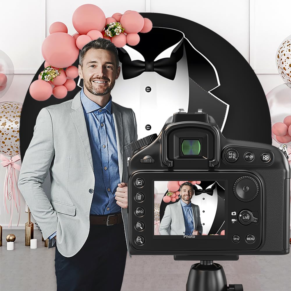 Yongfoto Gentleman Black Tuxedo Round Backdrop Cover 7Ft Black White Bow Tie Suit Photography Background Boy Man Father Bridegro