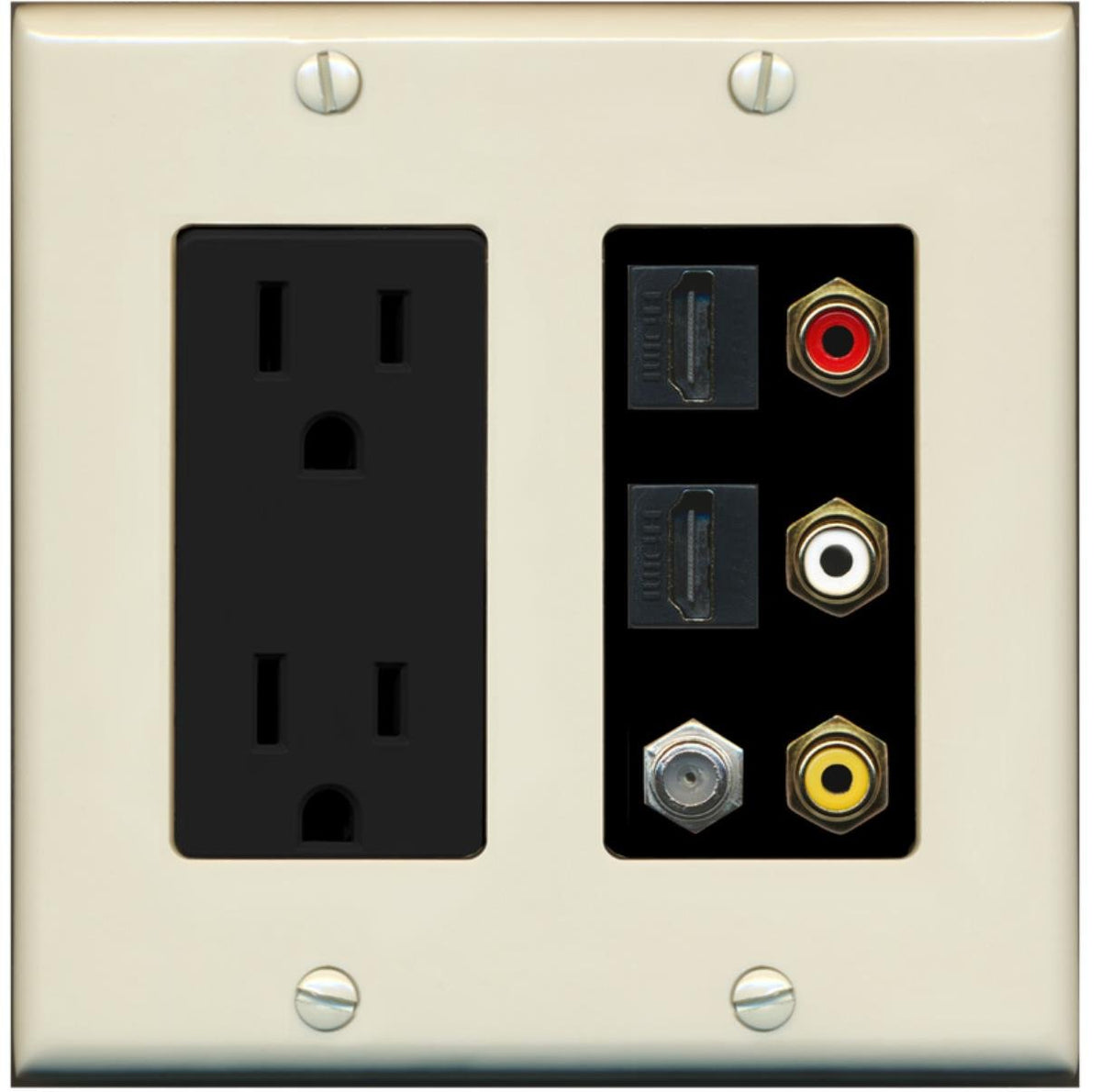 Riteav   2 X 15 Amp 125V Power Outlet 3 X Rca   2 X Hdmi And 1 X Coax Cable Tv Port Wall Plate   Light Almond/Black