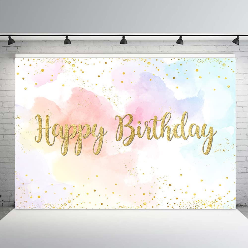 Mehofond 7X5Ft Pastel Rainbow Happy Birthday Backdrop For Girls Princess Watercolor Background Colorful Cloud Gold Glitter Dots