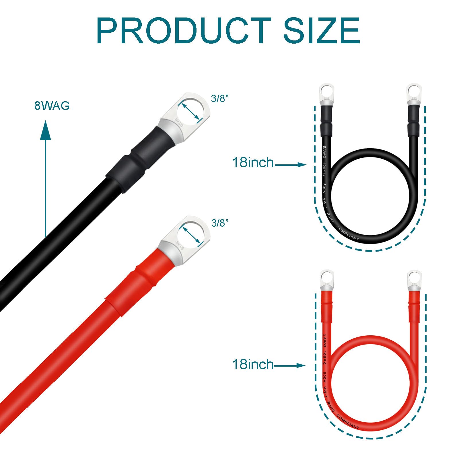 Qiatol Battery Cable, 8 Awg Battery Cables With Terminals, 2Pcs Copper Battery Cables(18Inch).