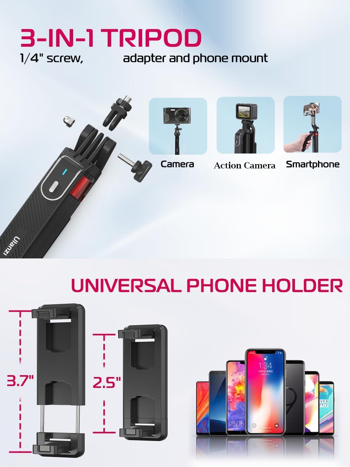 Ulanzi Ma09 Extendable Phone Tripod, 71'' Selfie Stick Phone Vlog Tripod Stand Quadrapod With All In 1 Phone Clip, Travel Tripod