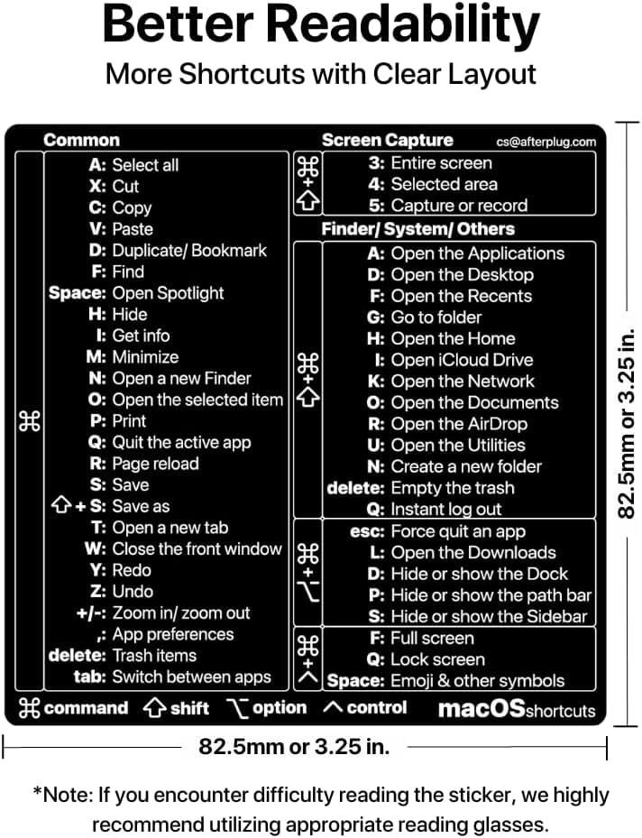 Afterplug Mac Os Keyboard Shortcuts Sticker, 50+ Shortcuts For 13 16 Inch Macbook Pro & Air, Residue Free Vinyl, Black With Whit