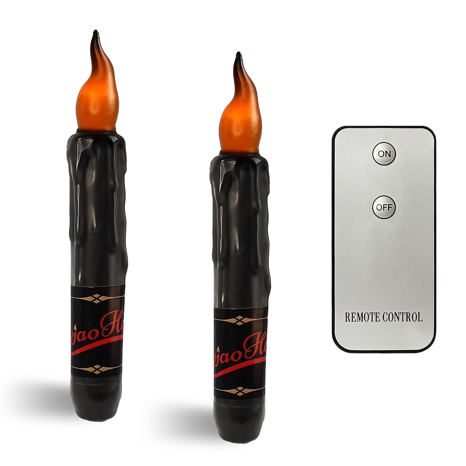 NjaoHoo Real Wax LED Flameless Halloween Short Taper Candles with Remote, 6.7 Inches Black Candlesticks, Dripless Battery Operat