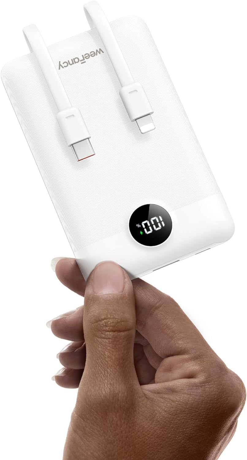 WeeFancy Mini Portable Charger with Built-in Cables 20W Fast Charging Power Bank USB-C Small Battery Pack 10000mAh Travel Essent