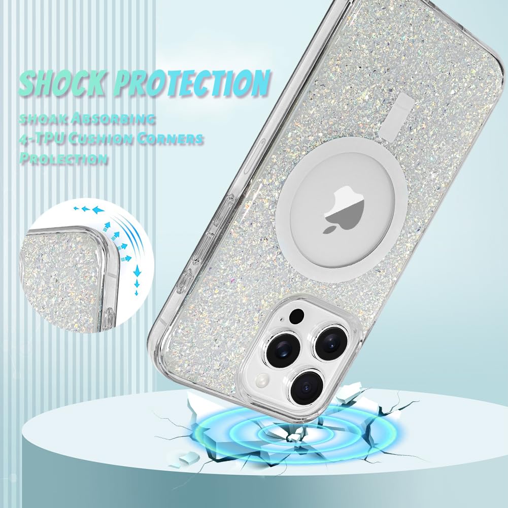 Bonoma For Iphone 13 Pro Case, Sparkly Glitter Bling Back, Magnetic Support For Magsafe Shockproof Case, Crystal And Clear High