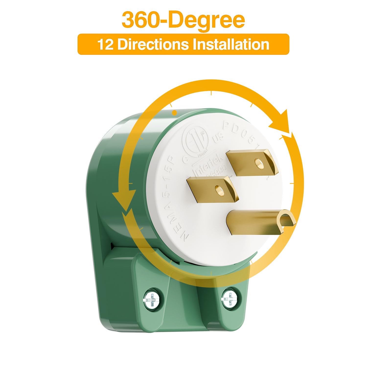 Green Etl Verified Nema 5 15P 90 Degree Right Angle 15A 125V Usa 3 Prong Household Angled Plug