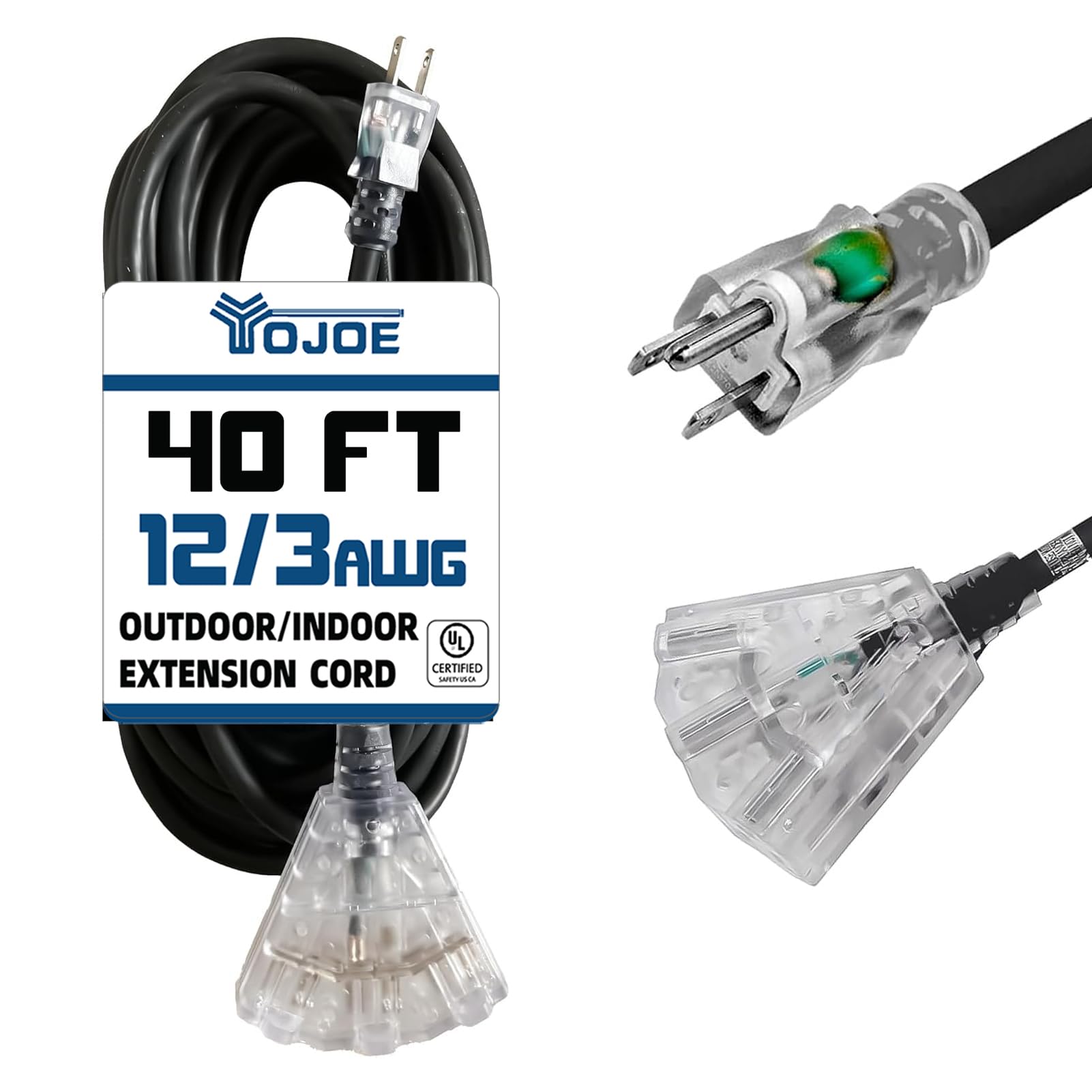 Yojoe 3 Outlets Indoor Outdoor Extension Cord With Lighted End, 3 Prong 15A Weatherproof Power Cord, 12 Gauge Heavy Duty 40 Ft B